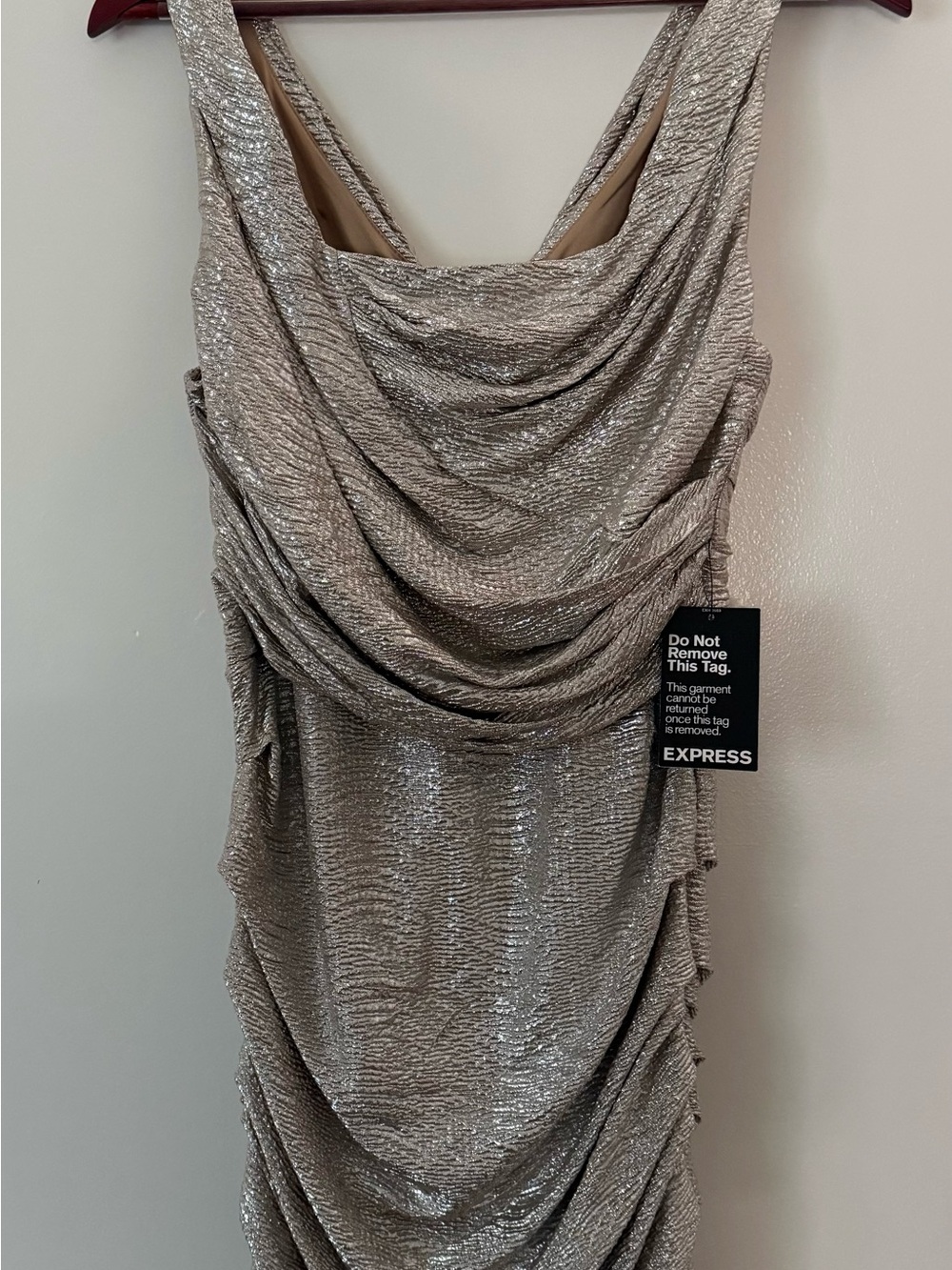 Express Silver Metallic Draped Evening Dress